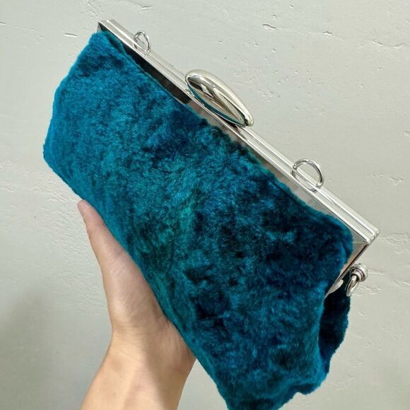 Peacock Blue Handmade Real Shearling Push Lock Clutch/Shoulder Bag/Crossbody - Picture 14 of 16
